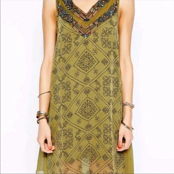 Free People Ancient Mystery Beaded Boho Sleeveless Shift Dress Sage Green Small - Picture 2 of 9